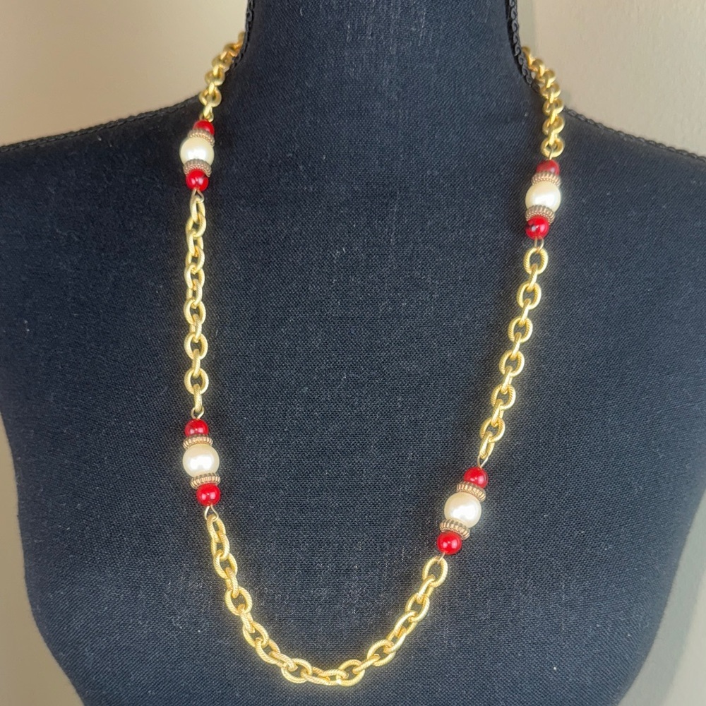 Vintage Gold Tone Chain Necklace with Red & Pearl Bead Accents